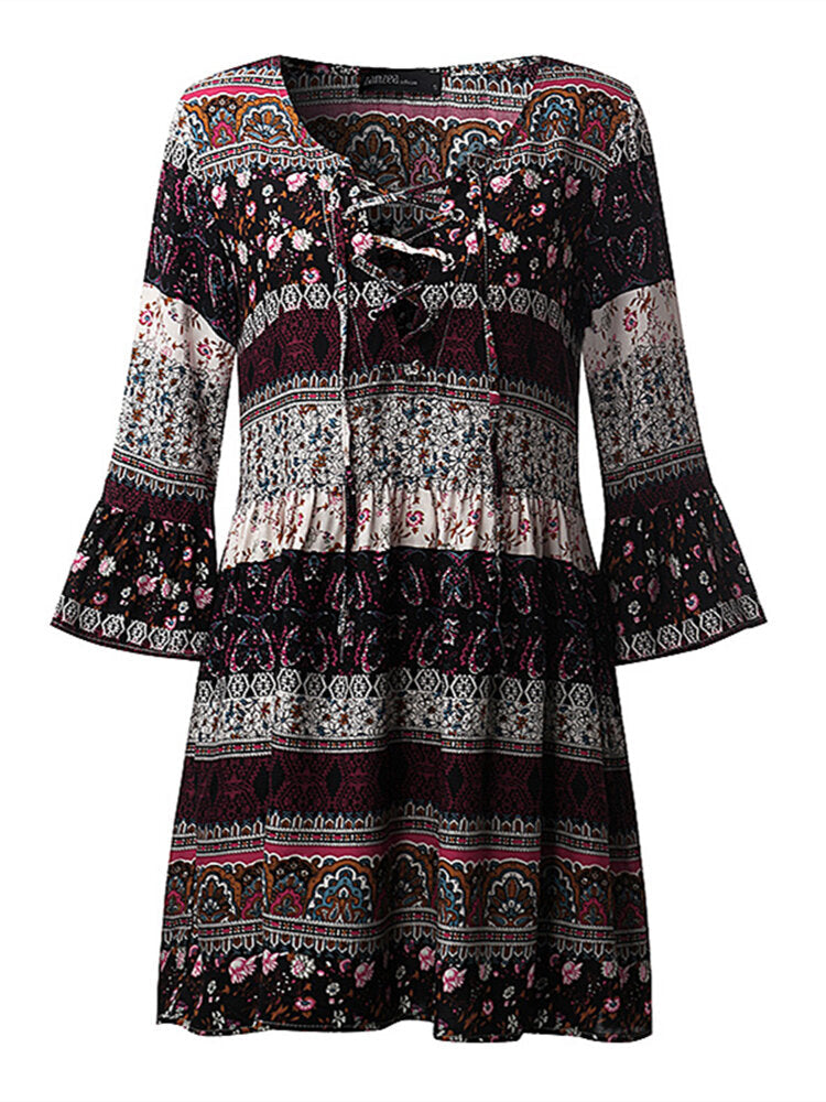 Bohemian Women V-neck Bell Sleeve Floral Printed Mini Dress