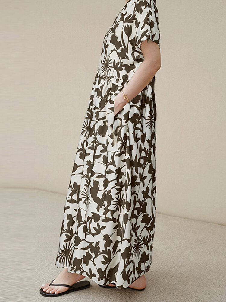 Women Floral Print Bohemian Leisure Maxi Dress With Side Pockets