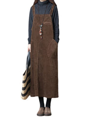 Women Casual Solid Color Corduroy Strap Dress with Pockets