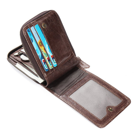 Bullcaptain Genuine Leather Trifold Wallet RFID Antimagnetic Vintage 11 Card Slots Coin Bag Wallet For Men
