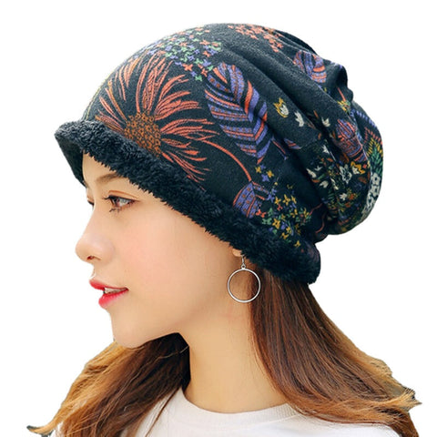 Women Warm Plus Velvet Thicken Beanie Hat Collar Cashmere Fashion Painting Hat