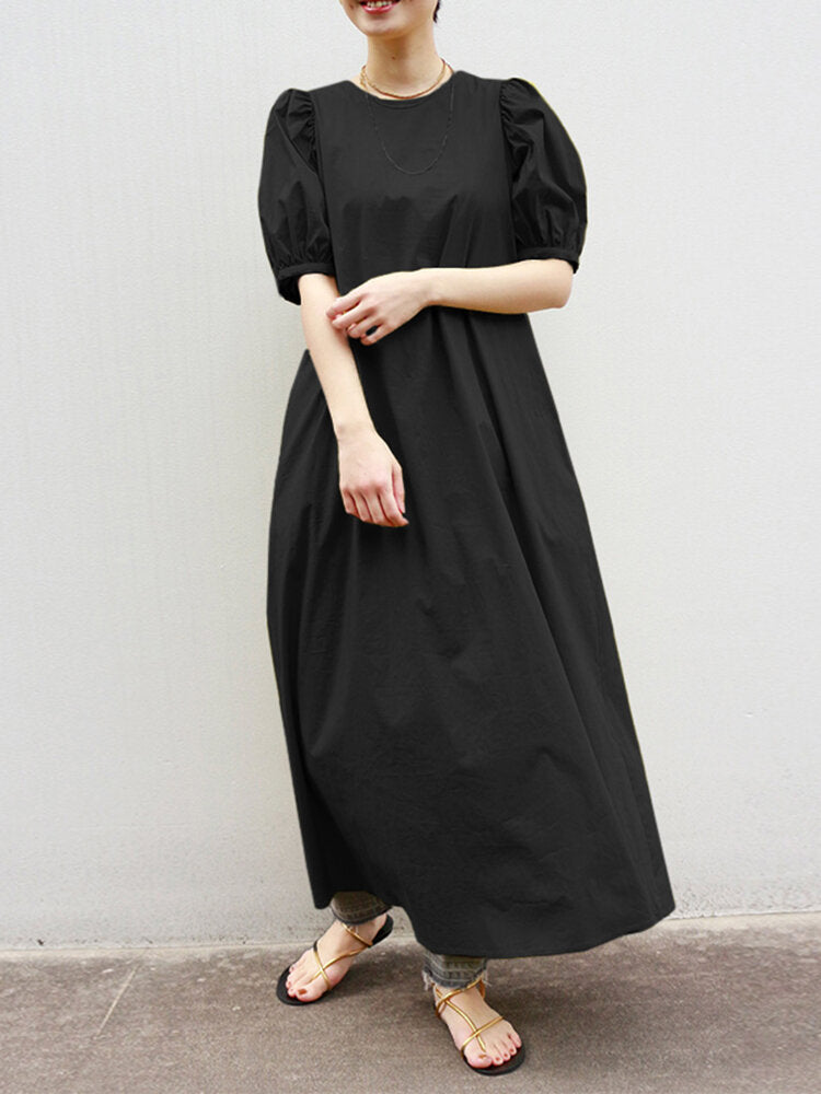 Woman Puff Sleeve Holiday Solid Maxi Dress