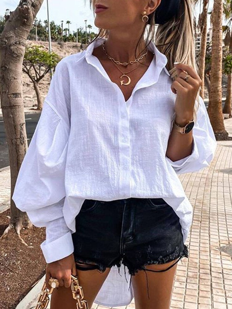 Women Cotton Solid Color Drop Shoulder Lapel Pleats Loose Long Sleeve Shirts