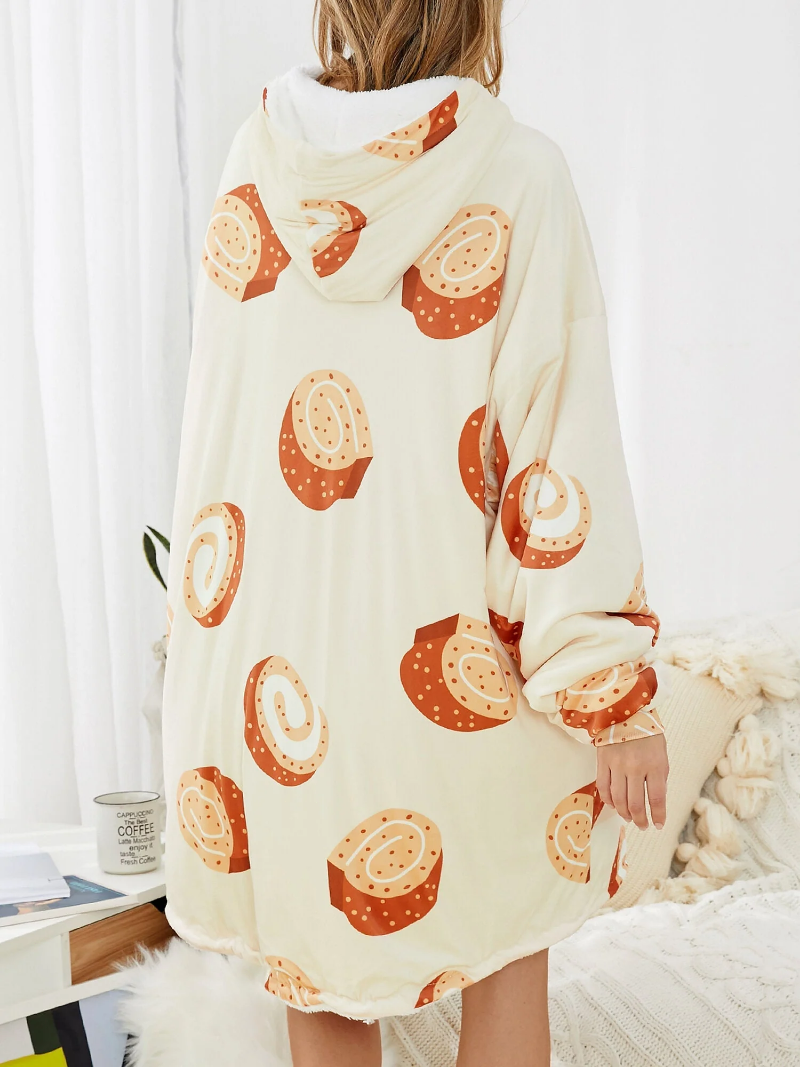 Women Cartoon Bread Print Warm Thicken Loose Home Blanket Hoodie With Kangaroo Pocket