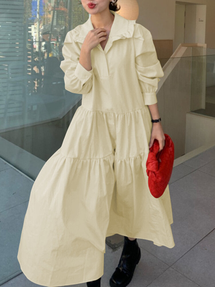 Women Solid Tiered Doll Collar Long Sleeve Casual Maxi Dresses