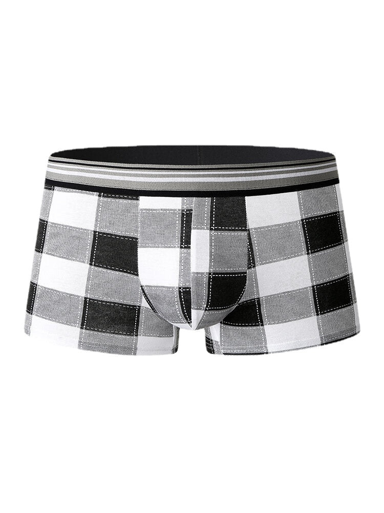 Mens Cotton Classical Plaid Print Home Breathable Mid Waist Boxers