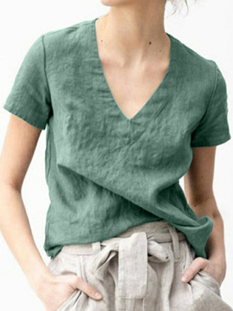 Solid V Neck Short Sleeve Blouse