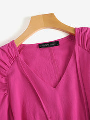 Solid Ruched Knotted Puff Long Sleeve V-neck Blouse