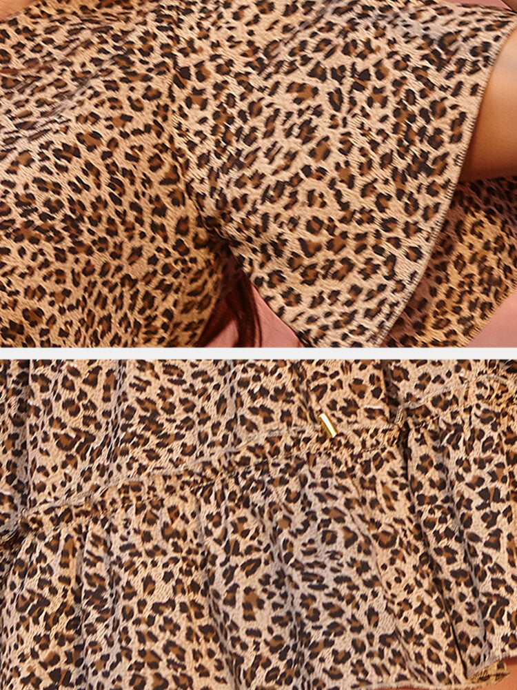 Casual Leopard Print V-neck Short Sleeve Mini Dress For Women