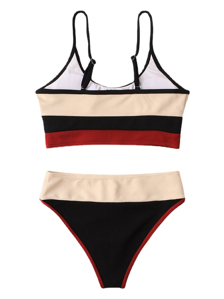 Women Stripe Patchwork High Waist Bikini Backless Beachwear