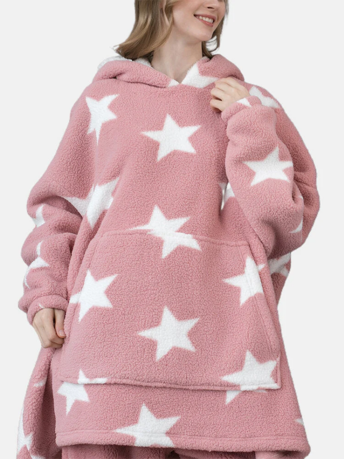 Women Allover Stars Thicken Warm Fleece Loose Home Blanket Hoodie With Kangaroo Pocket