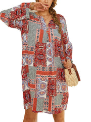 Women Colorblock Ethnic Style Print Puff Sleeve V-Neck Bohemian Midi Dress