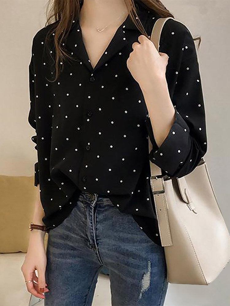 Dot Print Button Long Sleeve Lapel Blouse For Women