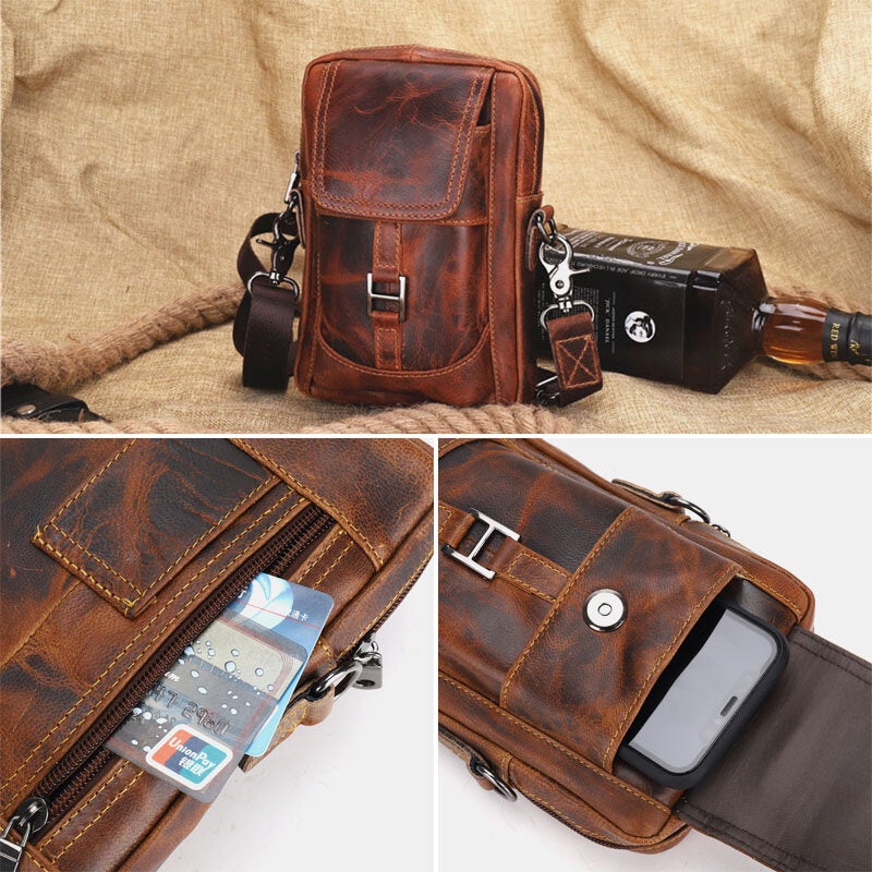 Men Genuine Leather Multifunction Lightweight Crossbody Bag Multi-pocket Belt Phone