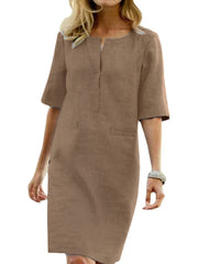 Casual Solid Color Decorative Pockets Half Sleeve Loose Midi Dress