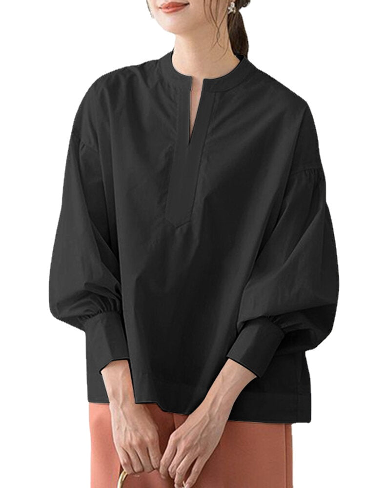 Women Solid Pleating Loose Daily Stand Collar Long Sleeve Shirts