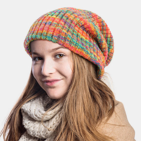 Unisex Woolen Mixed Rainbow Color Stripes Pattern Plus Velvet Thick Warm Couple Hat Beanie Knitted Hat