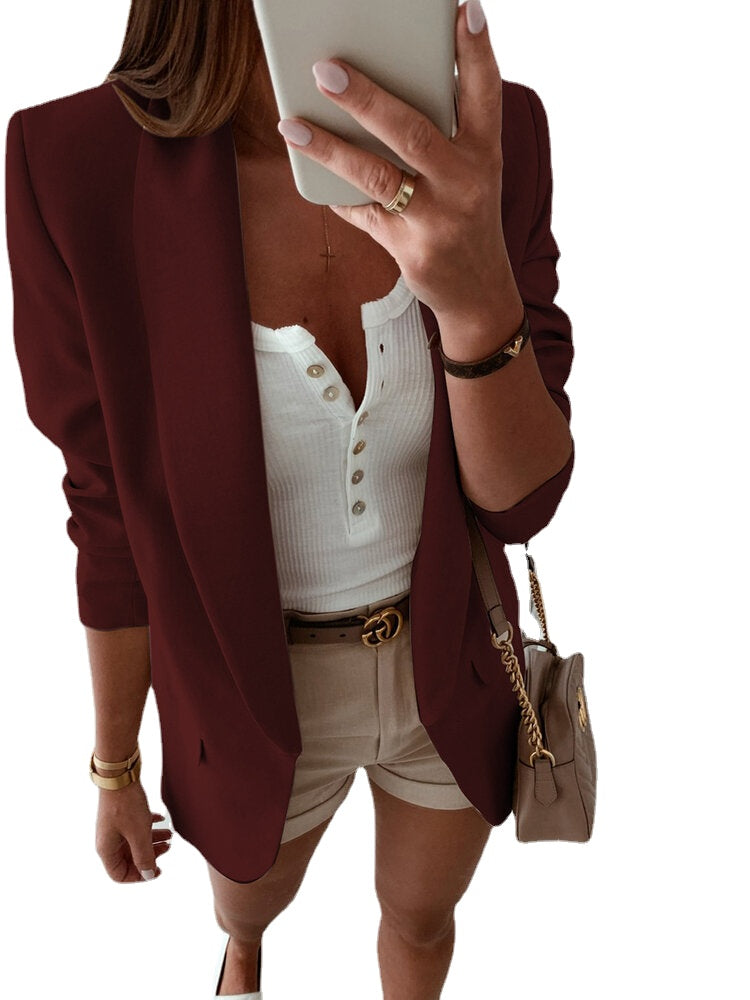 Women Solid Color Pocket Shawl Collar Elegant Long Sleeve Blazers