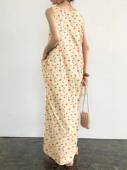 Pocket Ditsy Floral Round Neck Summer Sleeveless Maxi Dress