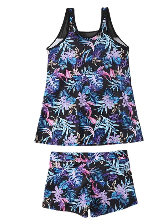 Women's Swimwear Tankini 2 Piece Normal Swimsuit Open Back Printing Floral Pure Color Black Blue Royal Blue Navy Blue Vest Scoop Neck Bathing Suits Sports Vacation Fashion / Modern / New