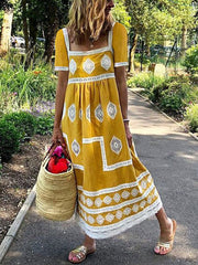 Women Ethnic Print Square Collar Short Sleeve Bohemian Maxi Dress