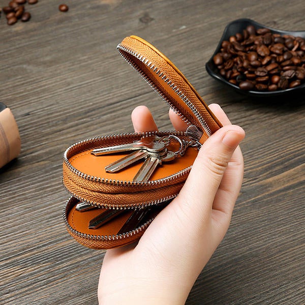 Men Genuine Leather Minimalist Wallet Double Zipper Car Key Case holder