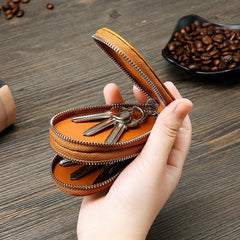 Men Genuine Leather Minimalist Wallet Double Zipper Car Key Case holder