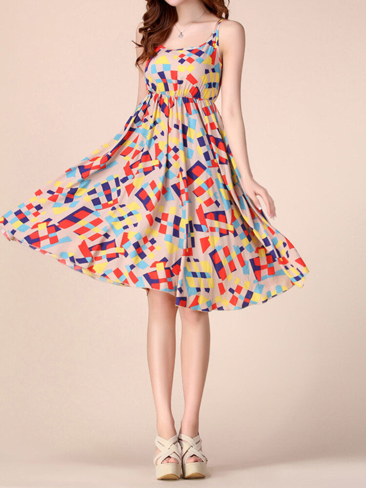 Bohemian Women Strap Flower Pattern Printing Beach A-line Dress