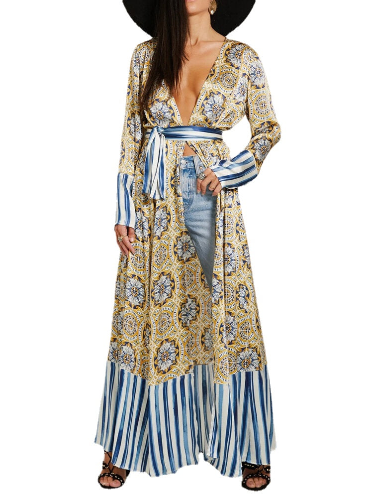 Retro Print V-neck Bohemian Holiday Long Sleeve Floral Long Maxi Dress