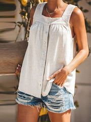 Solid Color Button Loose Pleated Tank Tops For Women