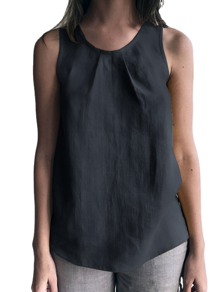 Cotton Solid Ruched Sleeveless Casual Tank Top