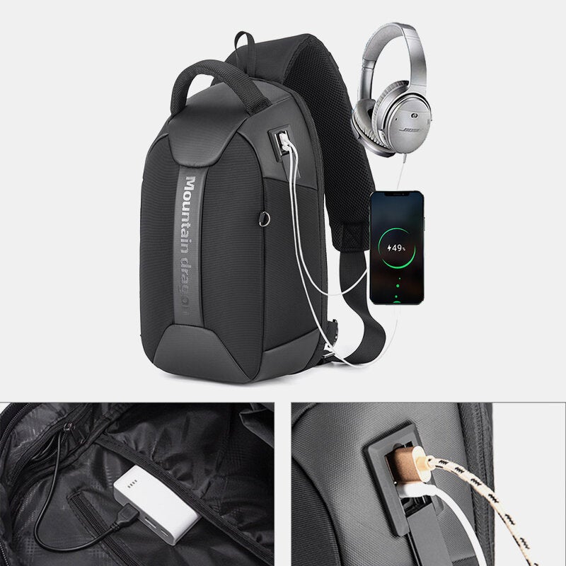 Men Large Capacity Waterproof Chest Bag Headphones Jack USB Charging Shoulder Crossbody Bags