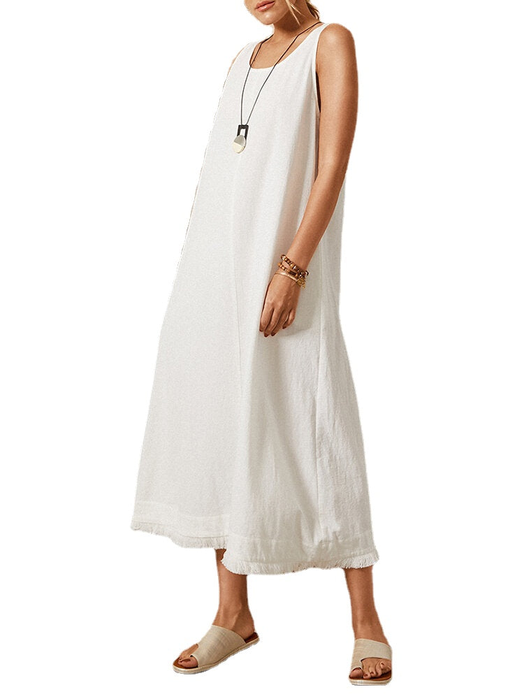 Solid Color Pockets Sleeveless O-neck Maxi Dress For Women