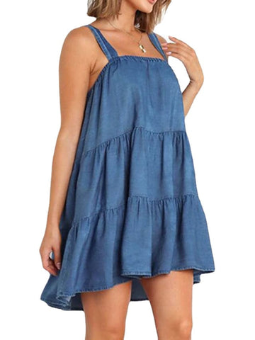 Women's Sleeveless Pure Color Ruched Square Neck Stylish Swing Denim Dress