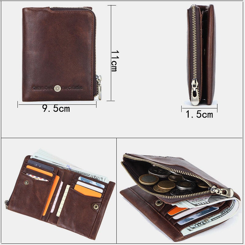 Men Genuine Leather RFID Anti-theft Retro Business Durable Zipper Multi Card Slots Holder Wallet