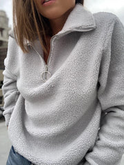 Women Solid Color Fluffy Half Zipper Front Long Sleeve Pullover Casual Sweatshirts