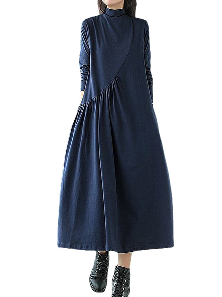 Women Pleated Solid Color Long Sleeve High Neck Casual Dress