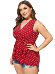 Plus Size Belt Design Striped V-neck Tank Top