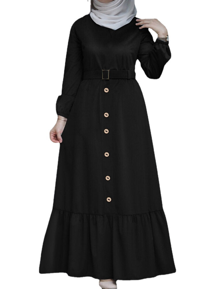 Women Ruffle Hem Solid Color Button Belted Casual Long Sleeve Maxi Dress