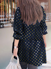 Polka Dot Puff Sleeve Ruffle Round Neck Casual Blouse