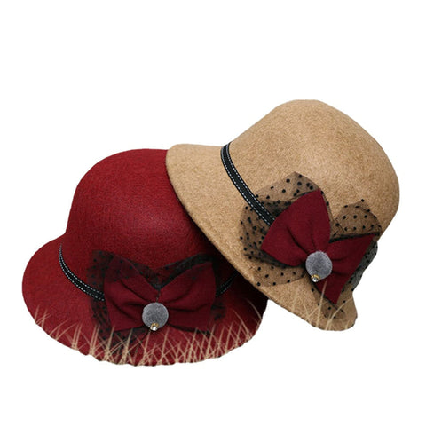 Women Winter Outdoor Cool Protection Warm Top Hat Felt Bow Decoration Lace Fedora Hat Bucket Hat