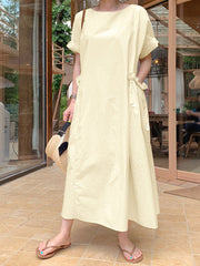 Casual Solid Color Round Neck Pleated Pocket Plain Maxi Dress