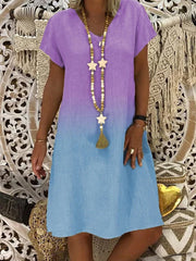 Contrast Color Gradient V-neck Short Sleeve Loose Casual Dress For Women