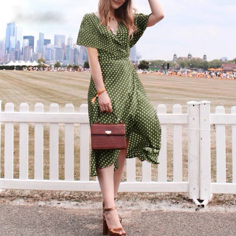Elegant V Neck Wrap Sashes Dots Print Vintage Dresses - Sheseelady