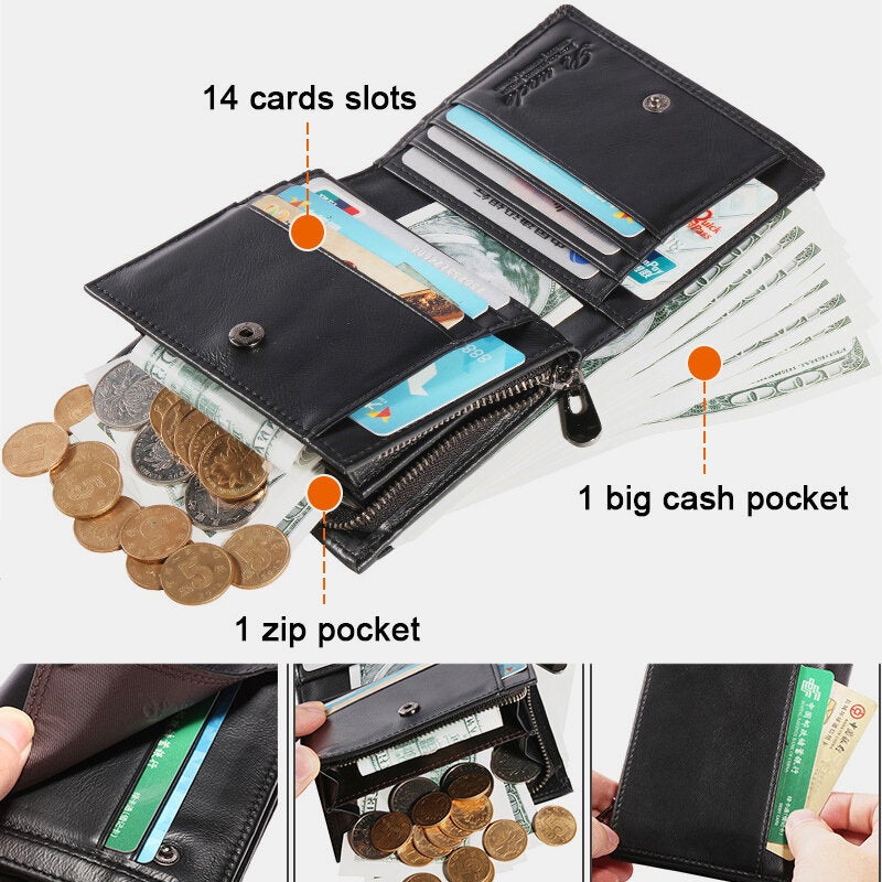 Men Bifold Short Money Clip Multifunctional RFID Anti-theft Genuine Leather Wallets Multi-card Slot Card Holder Coin Purse