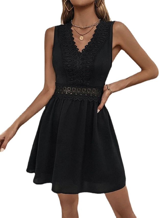 Women's Party Dress Lace Dress Cocktail Dress Midi Dress Black White Sleeveless Pure Color Lace Summer Spring V Neck Fashion Wedding Guest Summer Dress