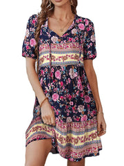 Floral Print Tassel V-neck Knotted Short Sleeve Bohemian Dress