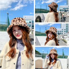 Women Rabbit Hair Leopard Pattern Casual Warm All-match Bucket Hat