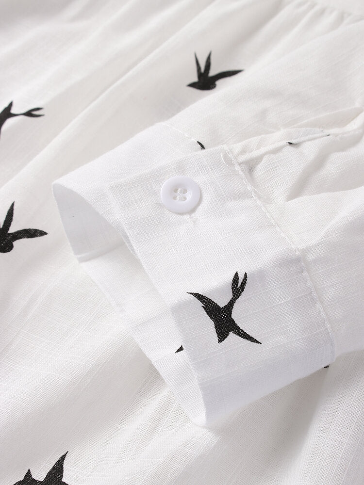 Daily Casual Women Bird Print Cotton Linen Long Sleeve Shirt Commute Blouse