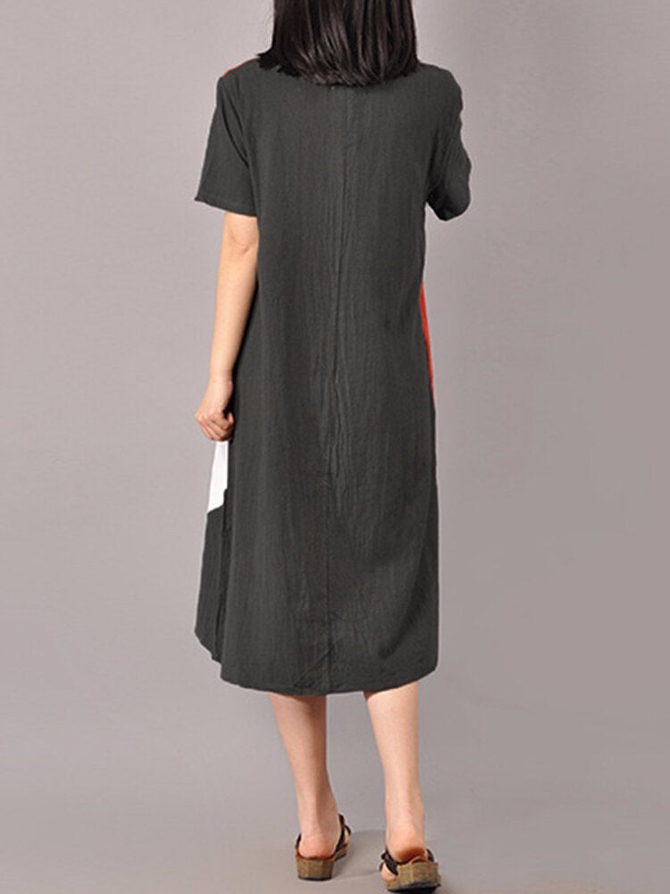 S-5XL Women Casual Short Sleeve Splice Loose O-neck Mid Long Dress